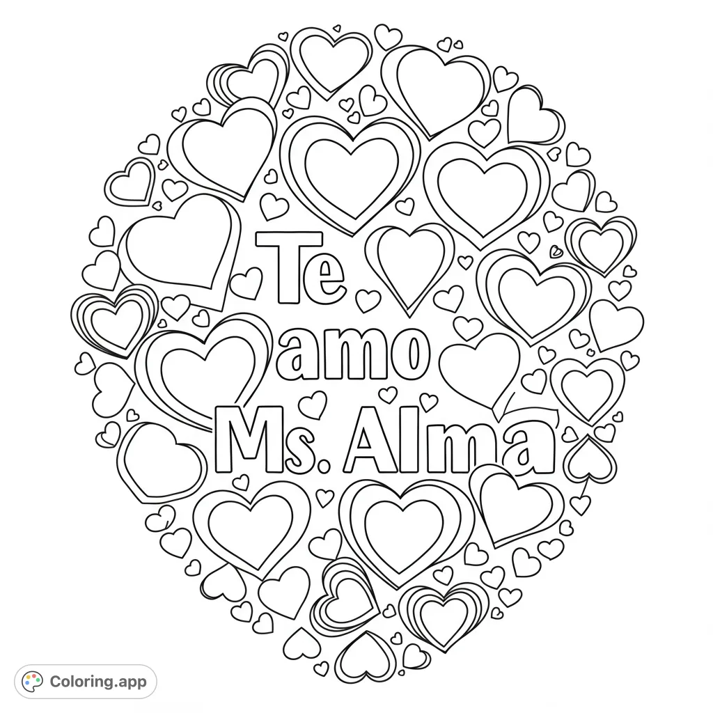 A beautiful circular design filled with layered hearts of all sizes. Perfect for expressing love and creativity. A free printable heart coloring page for all ages.
