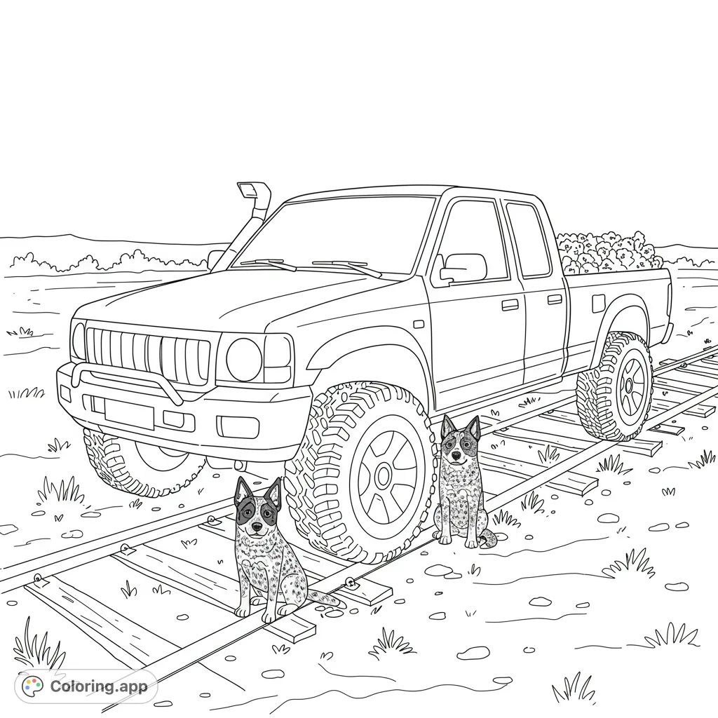 Color a rugged off-road pickup truck with two loyal Australian Cattle Dogs by railroad tracks. A detailed vehicle and animal coloring page.