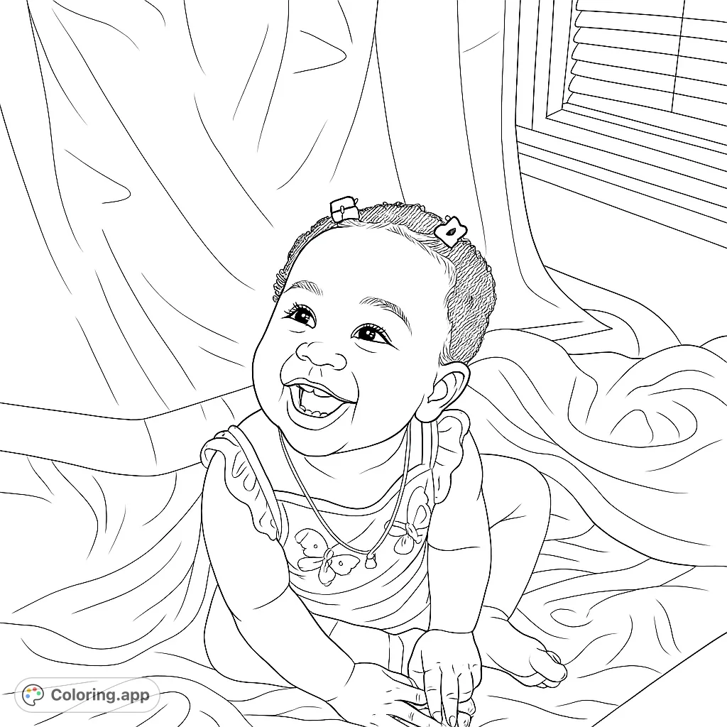 Capture pure joy with this adorable baby coloring page! A happy infant sits on a soft blanket, smiling brightly. Free printable coloring page for kids.