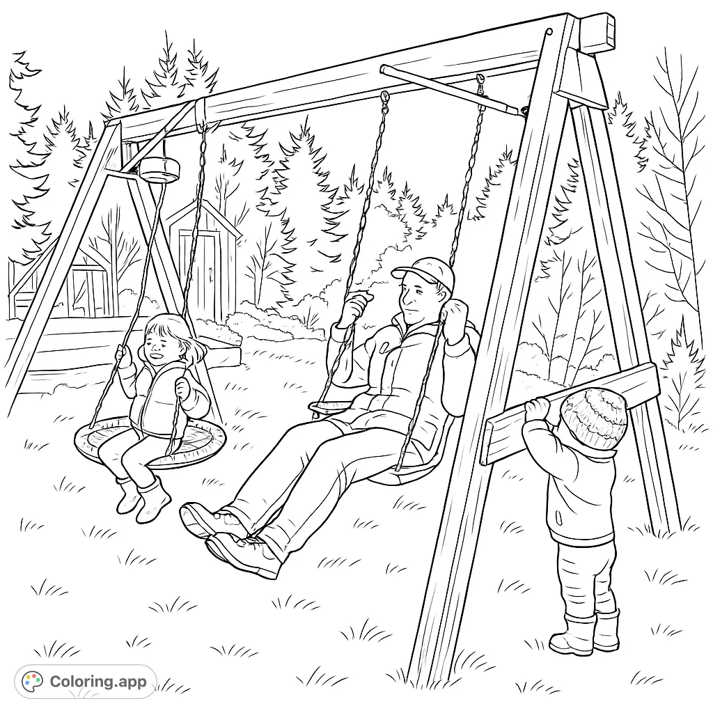 A heartwarming family swing set coloring page featuring a dad, daughter, and toddler enjoying outdoor play. Perfect for all ages to color and cherish.