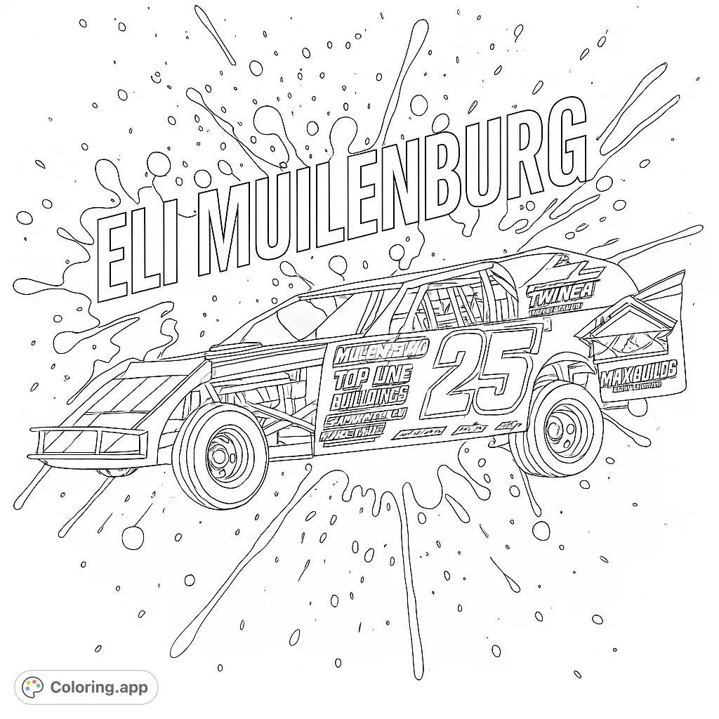 An action-packed dirt track race car leaps through a dynamic splash, perfect for speed enthusiasts. Free printable race car coloring page for kids and adults.