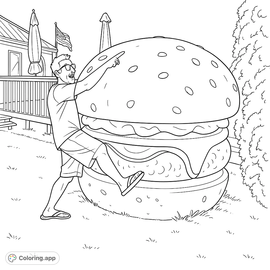 A man points excitedly at a colossal hamburger in a backyard scene, perfect for a fun food coloring page. Free printable coloring page for all ages!