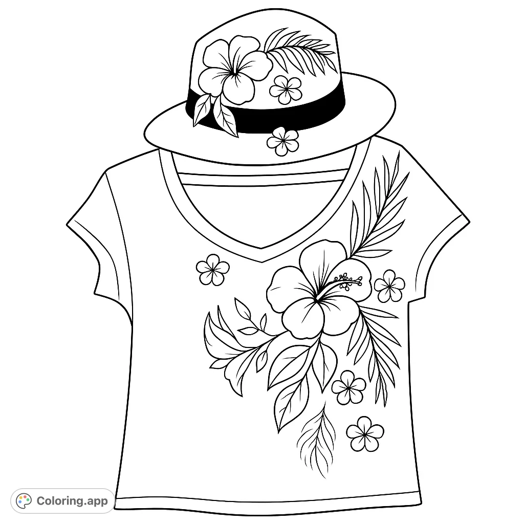 A stylish tropical fashion coloring page featuring a V-neck shirt and a wide-brimmed hat, both adorned with beautiful hibiscus and palm designs. Perfect for summer vibes!