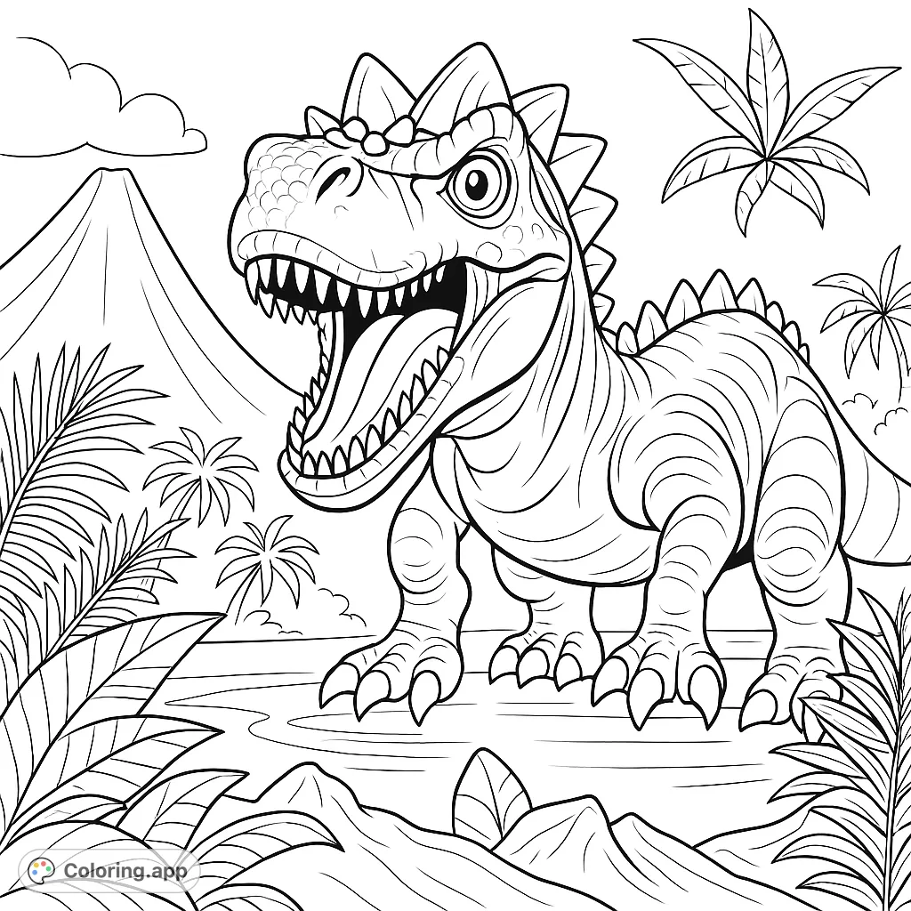 A thrilling dinosaur coloring page featuring a roaring T-Rex in a prehistoric landscape with a volcano and lush plants. Perfect for adventure!