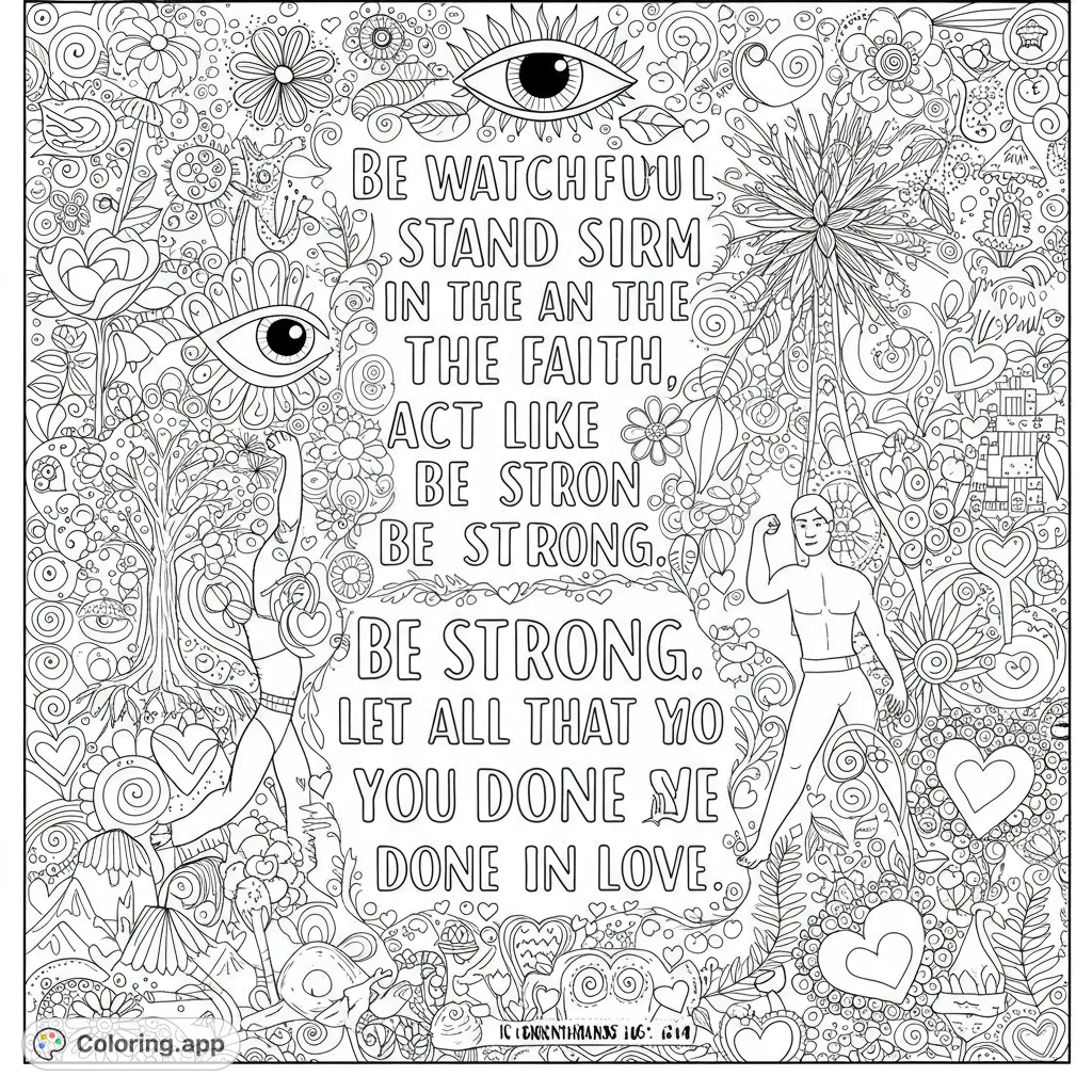 Intricate empowerment coloring page with strong figures, floral patterns, and a central space for inspiration. Free printable for adults.