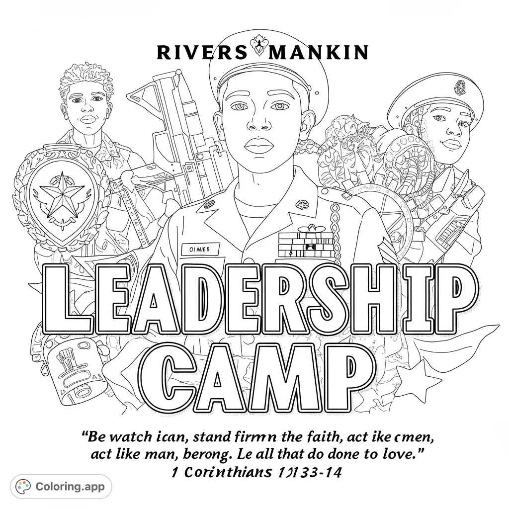 Inspiring leadership coloring page featuring three young individuals in military uniforms with patriotic emblems and detailed backgrounds. Free printable for all ages!