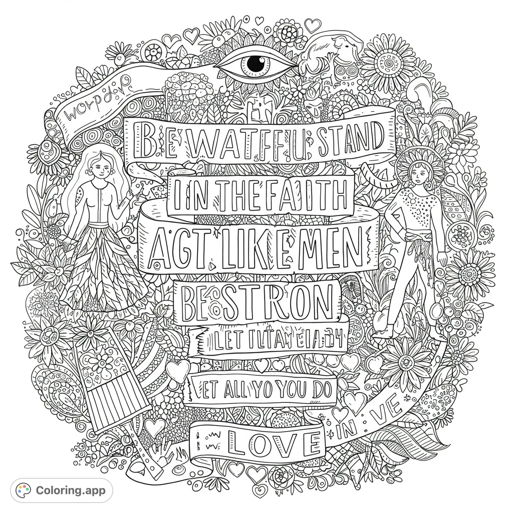 Dive into a detailed inspirational floral mandala coloring page, featuring figures, banners, and intricate botanical designs. Free printable coloring page for adults.