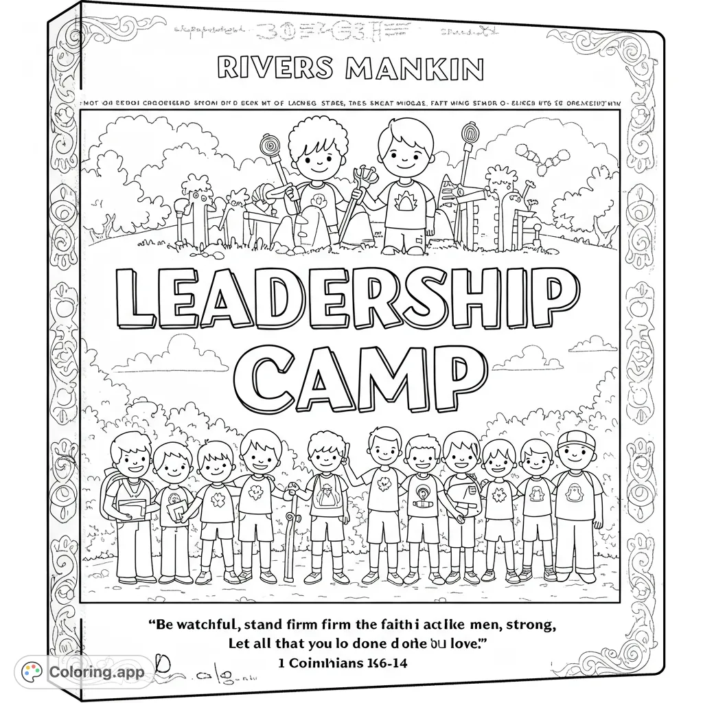 An exciting kids camp coloring page featuring two groups of cheerful boys engaged in outdoor activities, set against a scenic landscape.