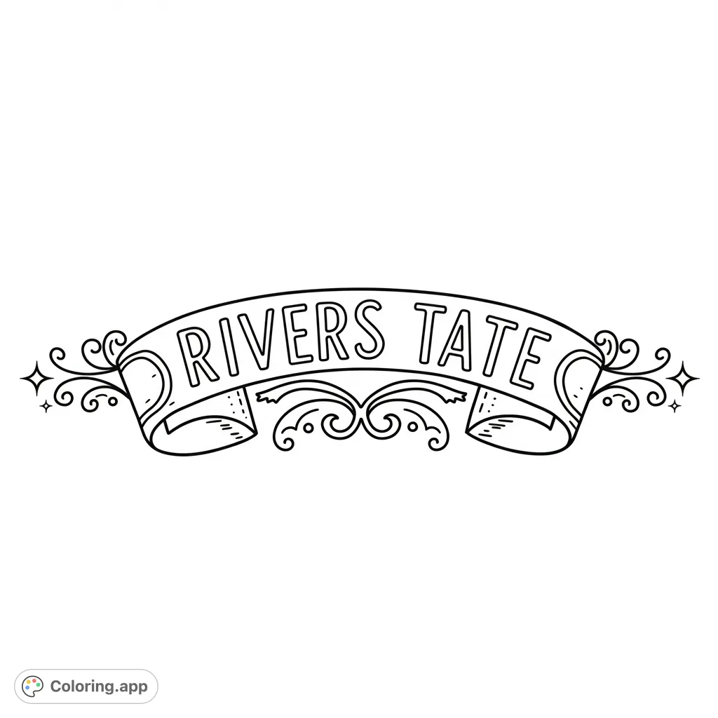 A charming black and white line drawing of a decorative banner featuring the name 'RIVERS TATE', perfect for personalized coloring fun.