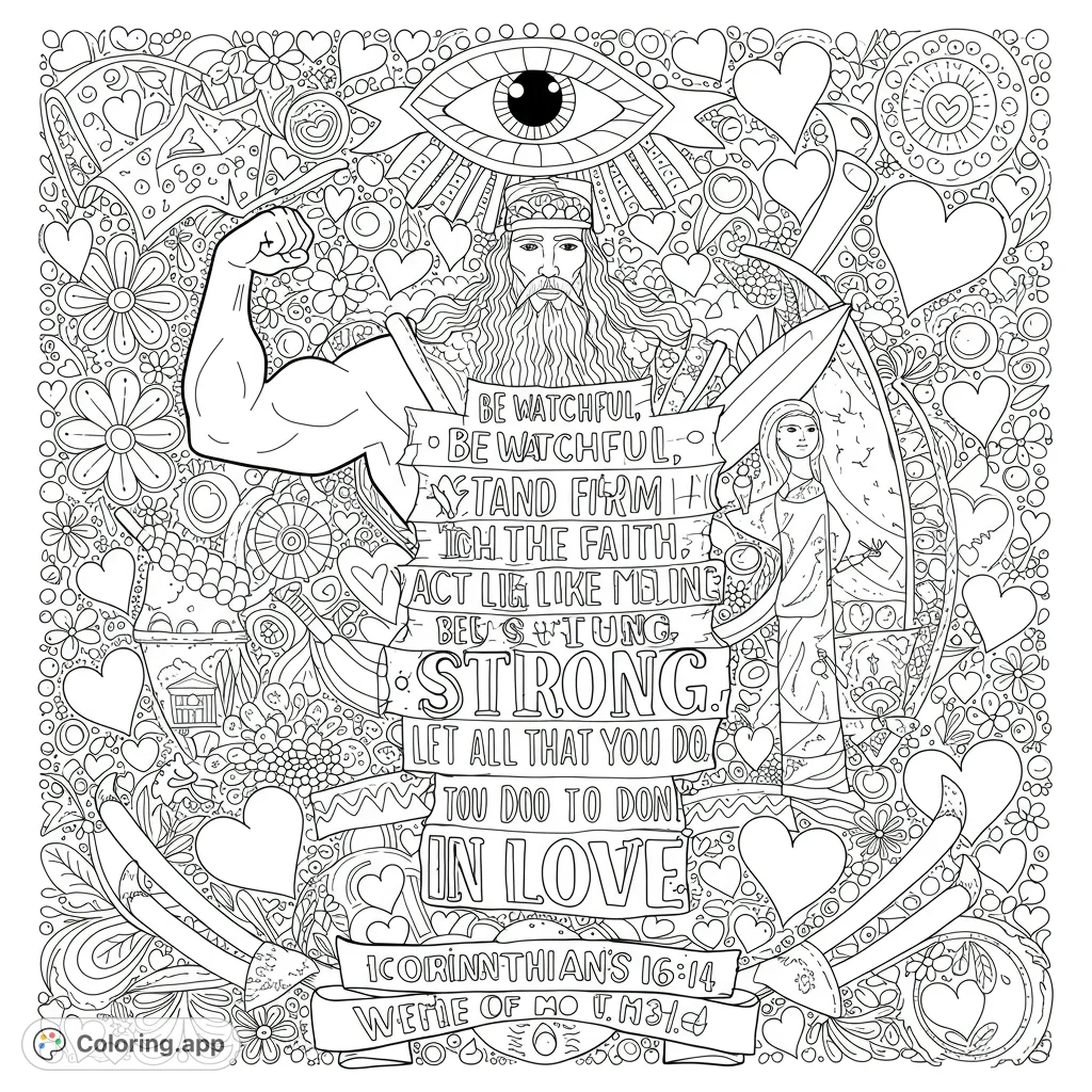 Intricate spiritual doodle art featuring a bearded figure, flexing arm, and symbolic patterns. A free printable coloring page for reflection.