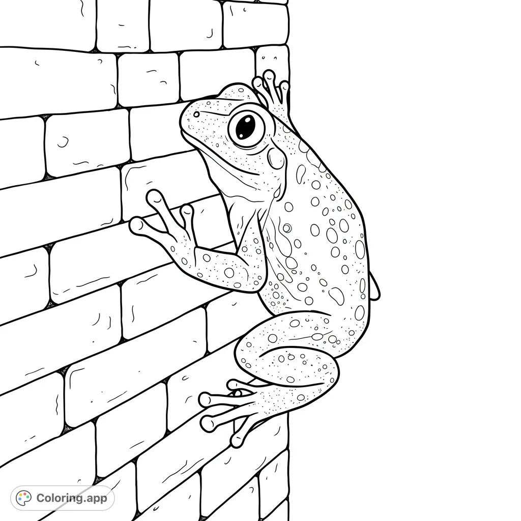 A charming frog coloring page featuring a curious amphibian clinging to a textured brick wall. Perfect for nature lovers and animal enthusiasts.