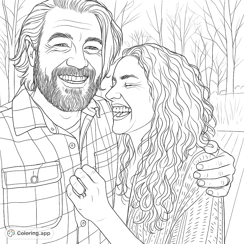 A heartwarming free printable couple coloring page featuring a man and woman laughing joyfully, perfect for all ages and celebrating love.