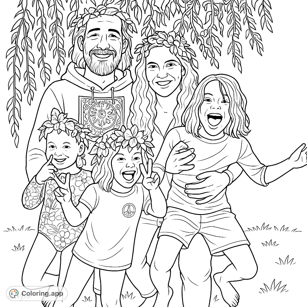 Capture the joy of a family of five, adorned with flower crowns, laughing under a weeping willow. A heartwarming family coloring page for all ages.