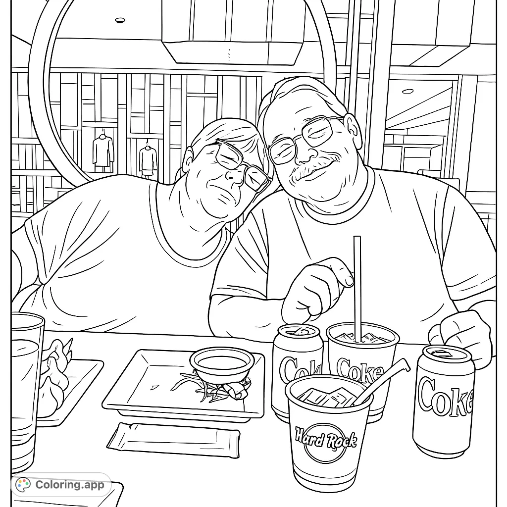 A heartwarming restaurant scene featuring a happy couple, drinks, and food. A free printable couple's coloring page for adults.