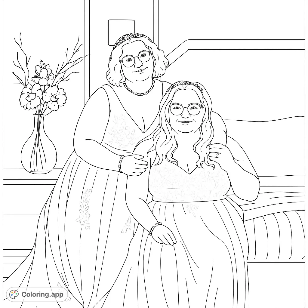 A beautiful portrait of two women in elegant dresses, embracing gently. Features intricate floral details and a serene indoor setting, perfect for a heartfelt coloring experience.