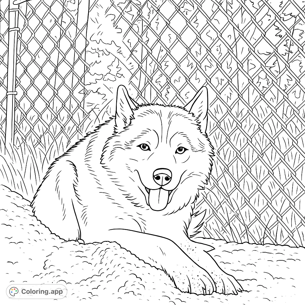 A charming husky coloring page featuring a happy dog by a fence. Free printable coloring page for kids and adults, perfect for animal lovers.