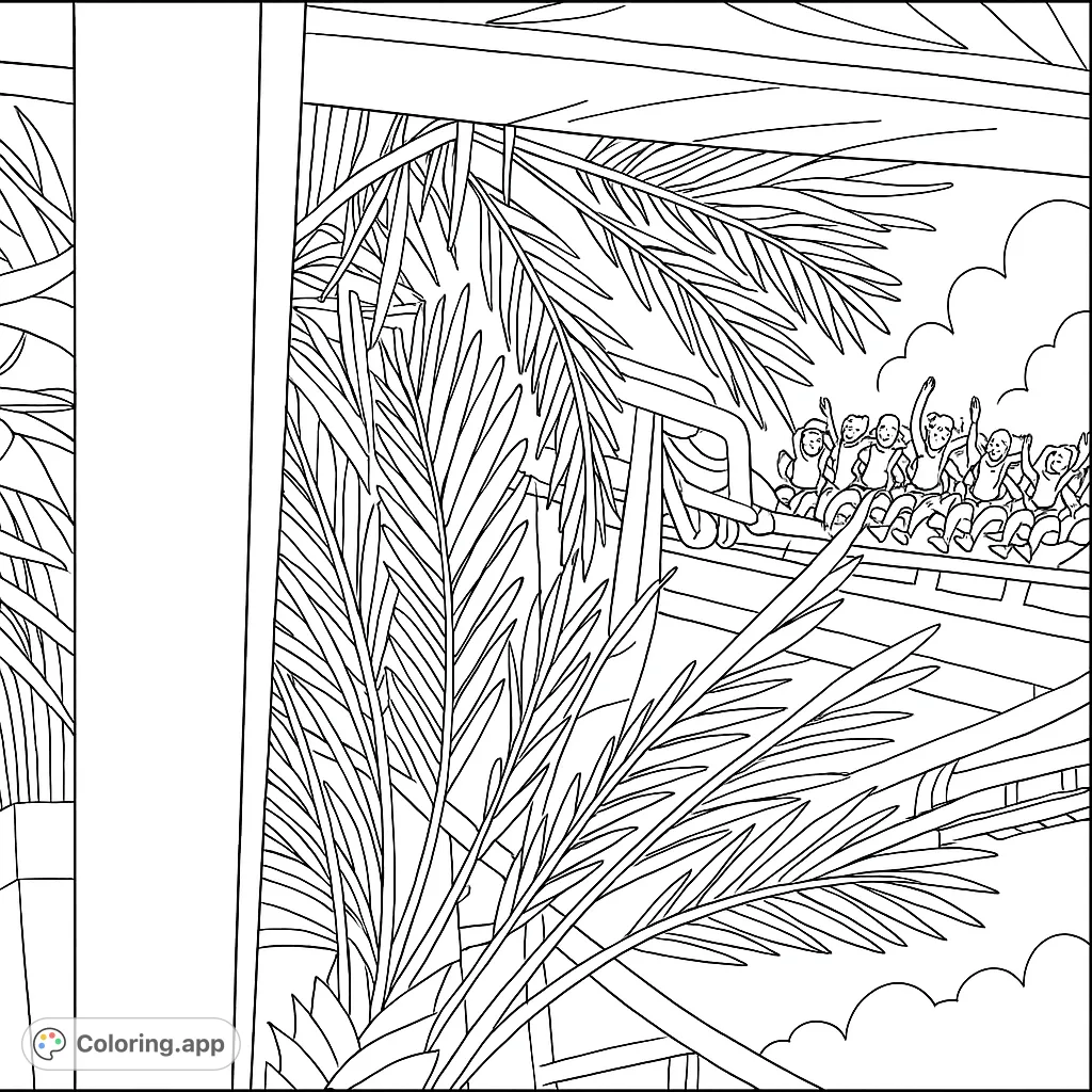 Experience the excitement of a roller coaster ride amidst lush palm trees. A free printable amusement park coloring page for all ages.