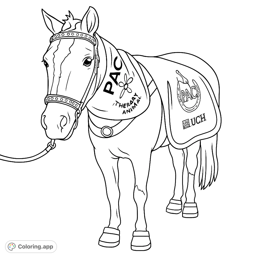 A charming miniature horse in decorative bridle, blanket, and boots, ready for a fun coloring adventure.