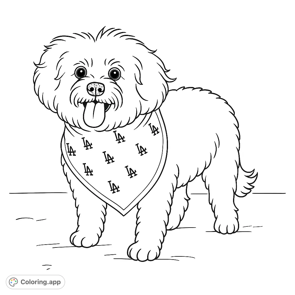 A charming fluffy dog wearing a patterned bandana, ready for a fun coloring adventure. Perfect for dog lovers and sports fans!