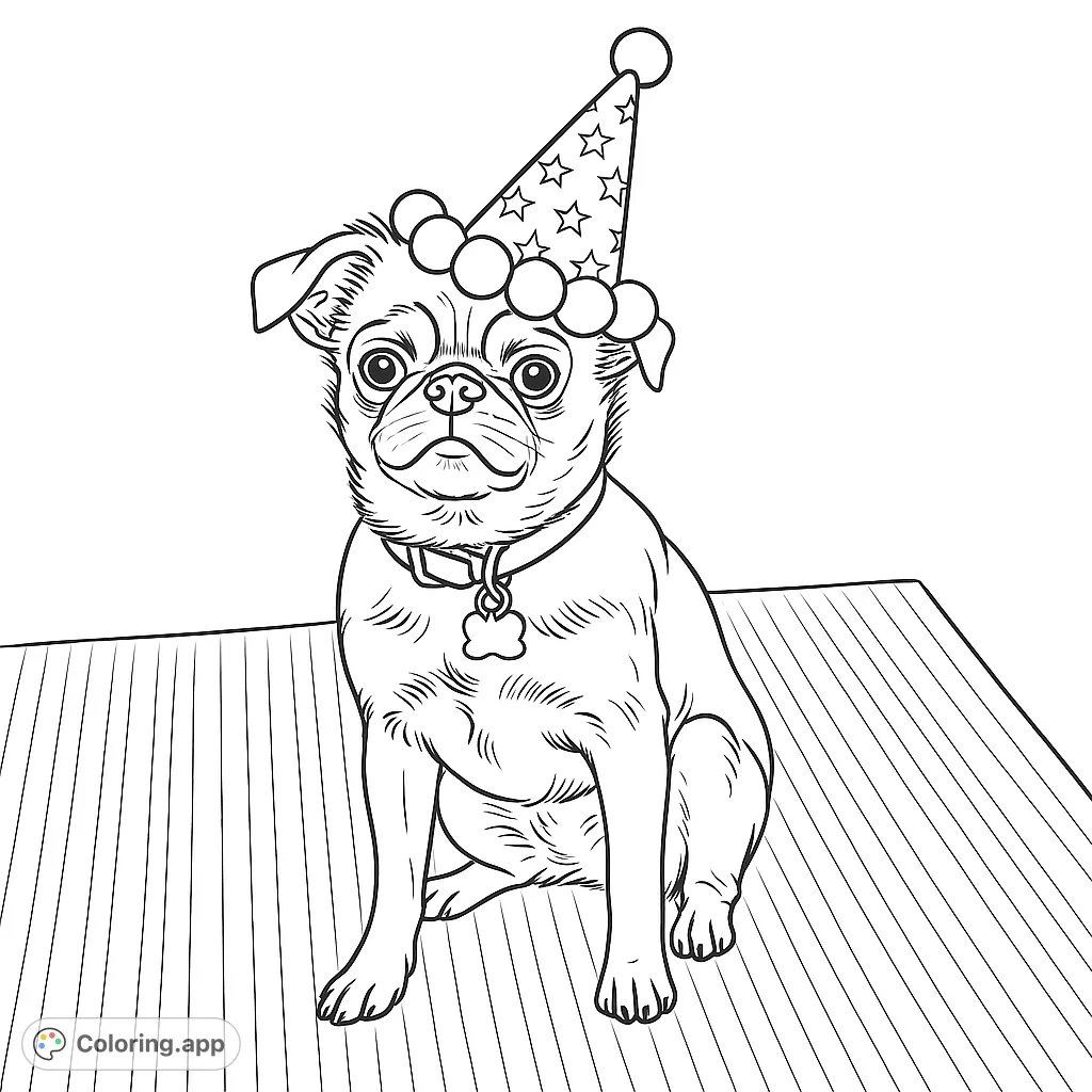 Adorable pug puppy in a festive party hat, ready for celebration! A charming free printable dog coloring page for kids and adults.