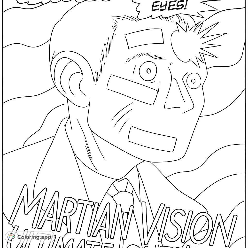 A striking comic-style coloring page featuring a man with a shocked expression, facial patches, and an energy burst from his forehead. Perfect for creative coloring!