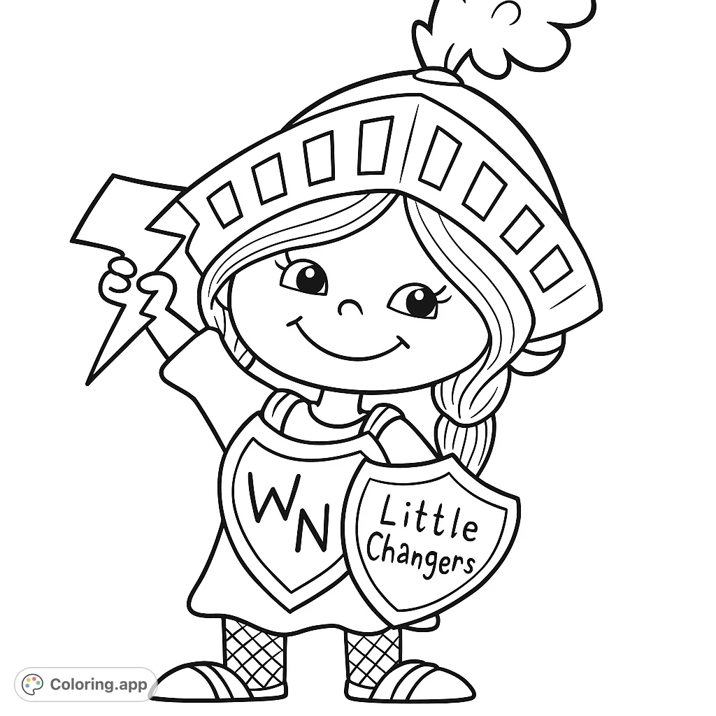 A delightful knight girl coloring page, featuring a smiling hero in armor holding a lightning bolt and shield. Perfect for young adventurers!