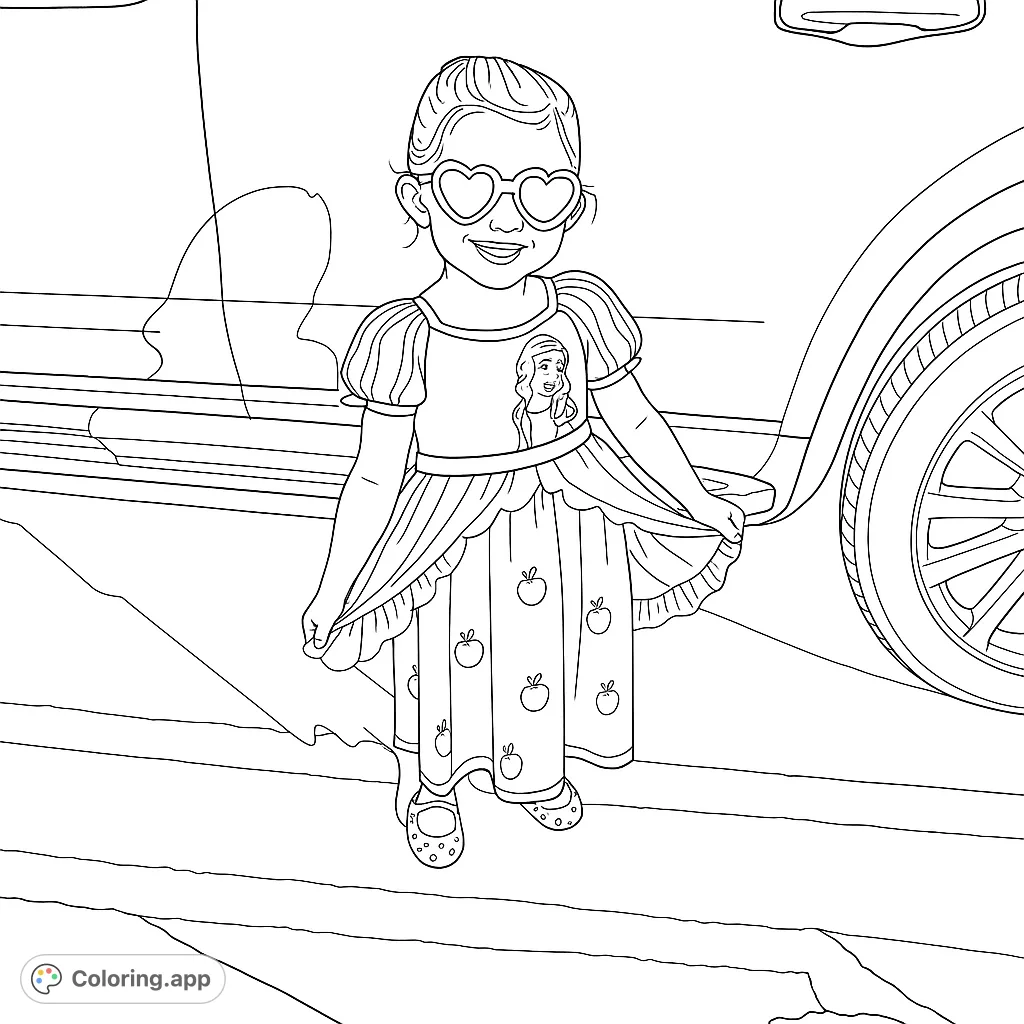 Adorable girl in a princess dress with heart sunglasses, holding her apple-patterned skirt. A charming free printable coloring page for kids.