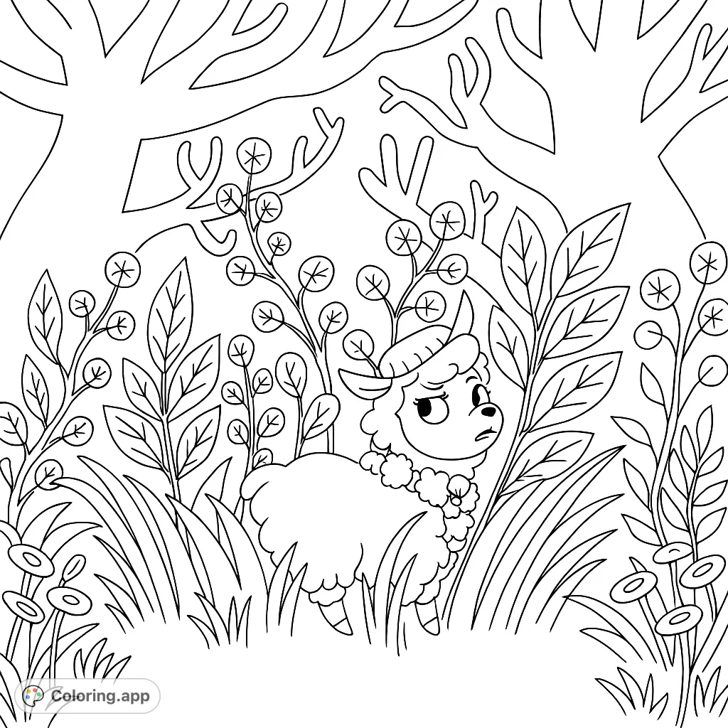 Discover a charming sheep-like creature peeking from lush forest foliage. A delightful nature coloring page, free printable, perfect for kids and adults.