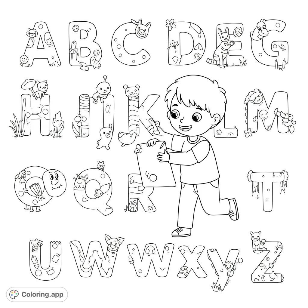 Explore a delightful alphabet coloring page featuring each letter adorned with cute characters and a happy boy. Perfect for learning and fun!