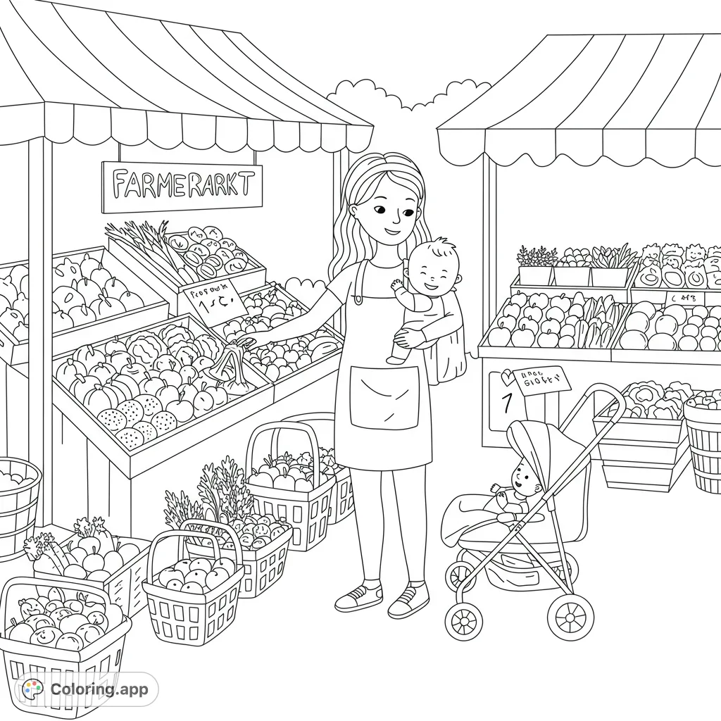 Explore a vibrant farmer's market coloring page featuring a mother with her two happy babies amidst bountiful produce stalls. A delightful free printable coloring page for all ages!