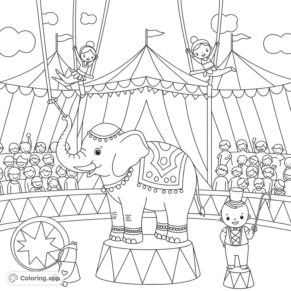 Step right up to this exciting circus coloring page featuring majestic elephants, daring trapeze artists, and an adorable baby ringleader under the big top!
