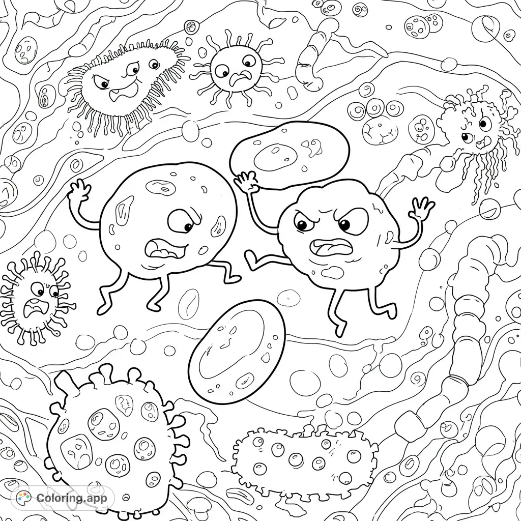 An engaging white blood cells coloring page depicting a cartoon battle against germs. Perfect for learning about health with clear, crisp lines.