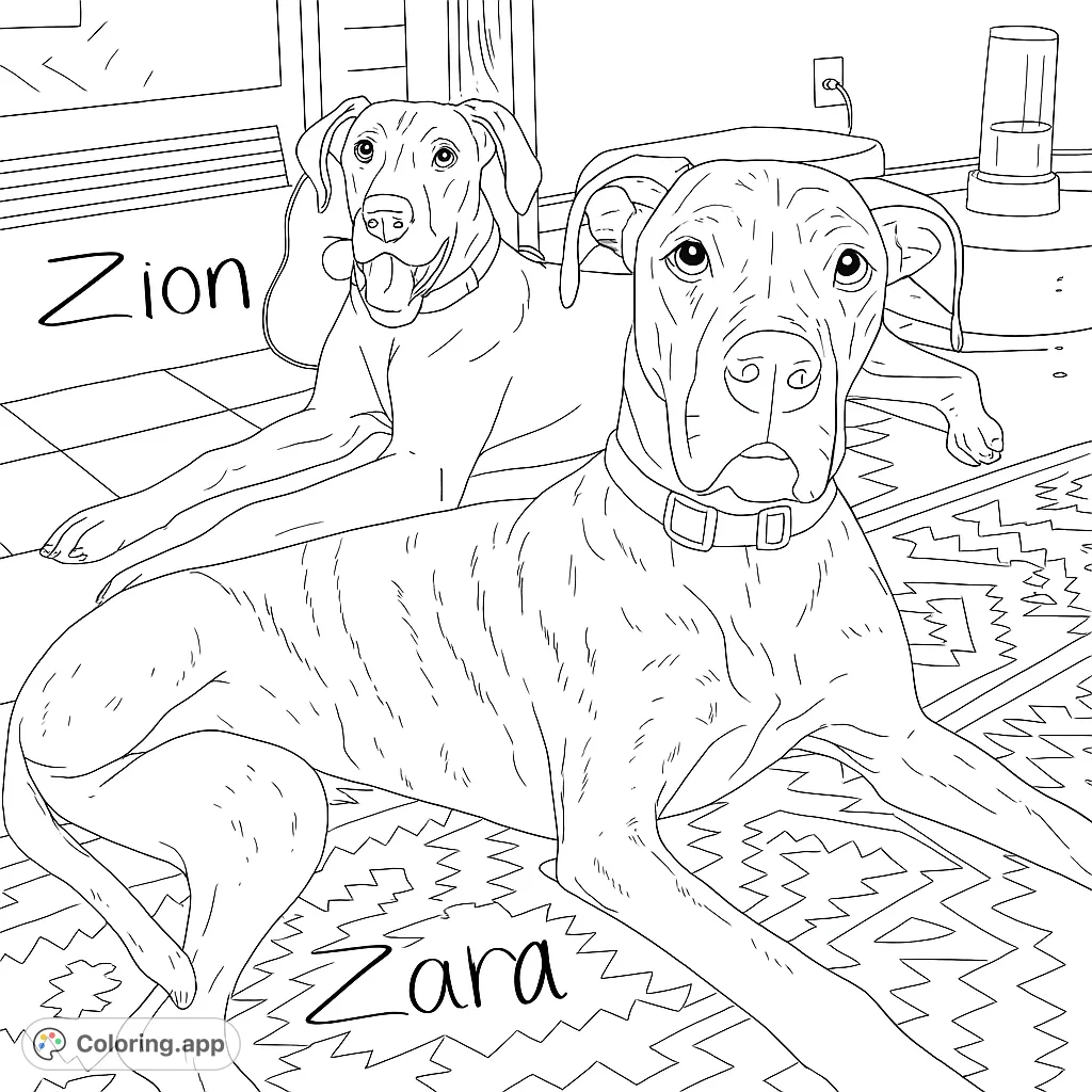 Two majestic dogs relax indoors on a patterned rug and tiled floor, ready for vibrant colors. A free printable dog coloring page for all ages.