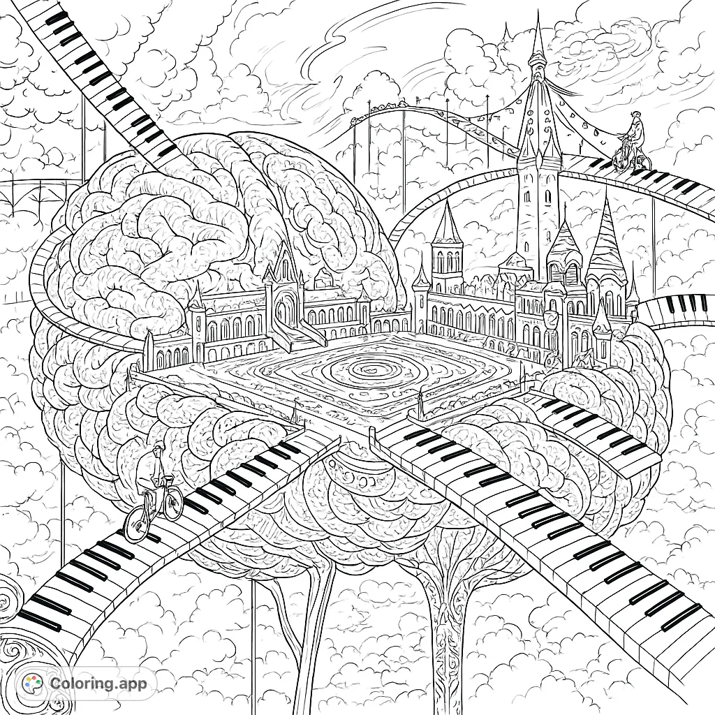 Explore a surreal brain cityscape with piano key bridges and cyclists, a unique fantasy coloring page for creative minds.