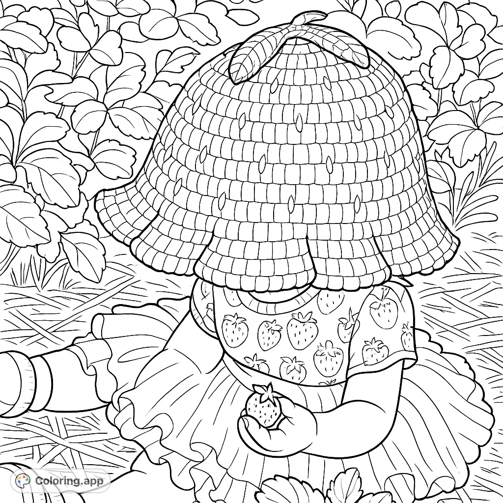 A delightful strawberry-themed coloring page featuring a charming character in a berry hat, holding a fresh strawberry amidst lush plants.