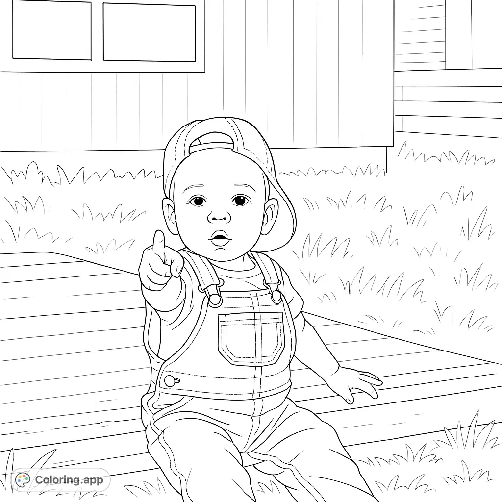 Charming baby in overalls and a cap, pointing with curiosity on a wooden deck. A delightful free printable baby coloring page for kids and adults.