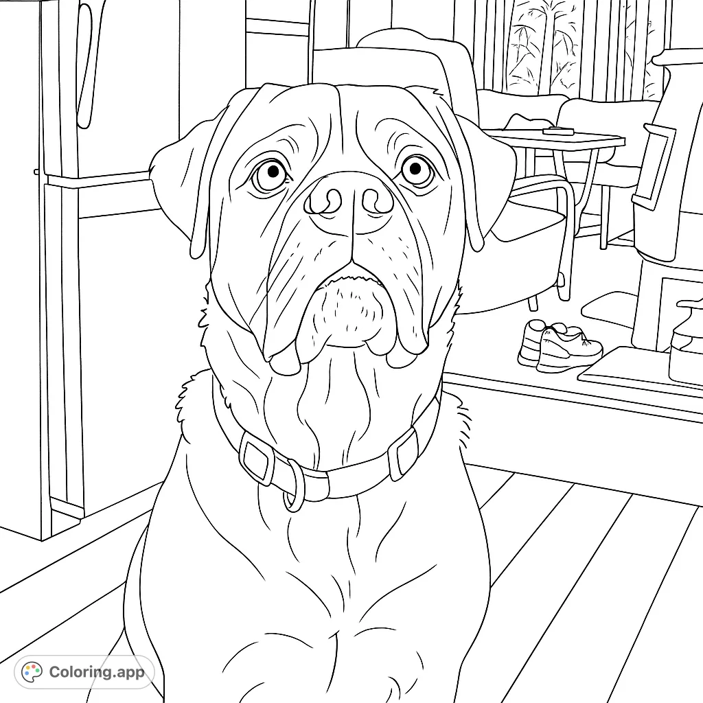 A charming dog portrait coloring page featuring a gentle giant in a cozy home setting. Perfect for dog lovers of all ages.
