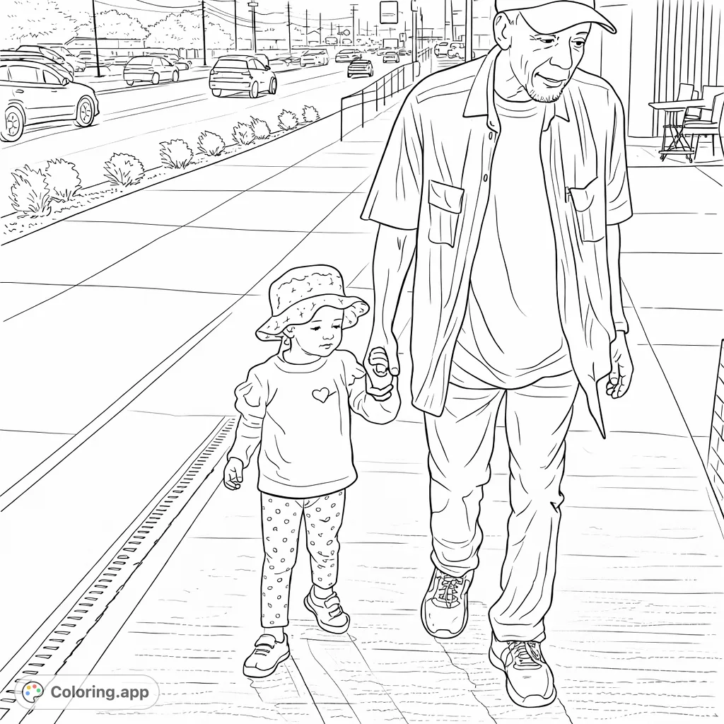 An adult and child share a tender moment walking hand-in-hand down a city sidewalk, surrounded by everyday life. A heartwarming scene to color.
