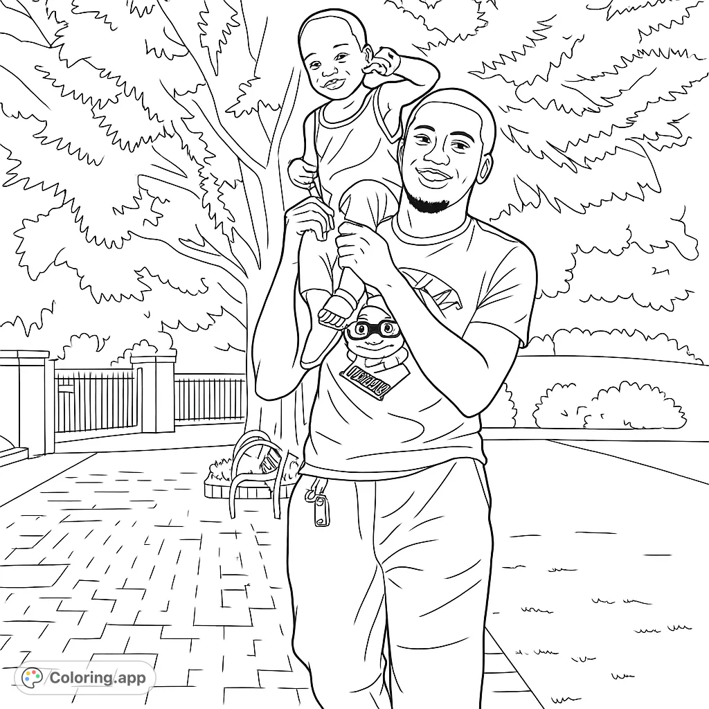 A heartwarming family bonding coloring page featuring a father carrying his child on his shoulders in a park, perfect for free printable coloring page fun.