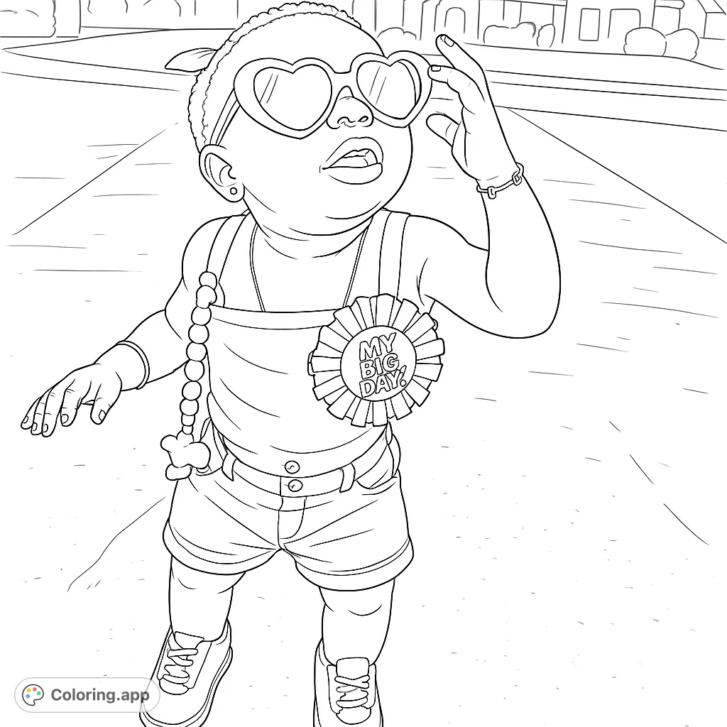 A delightful toddler in heart-shaped sunglasses, celebrating their big day outdoors. Perfect for a fun, engaging coloring experience for young artists.