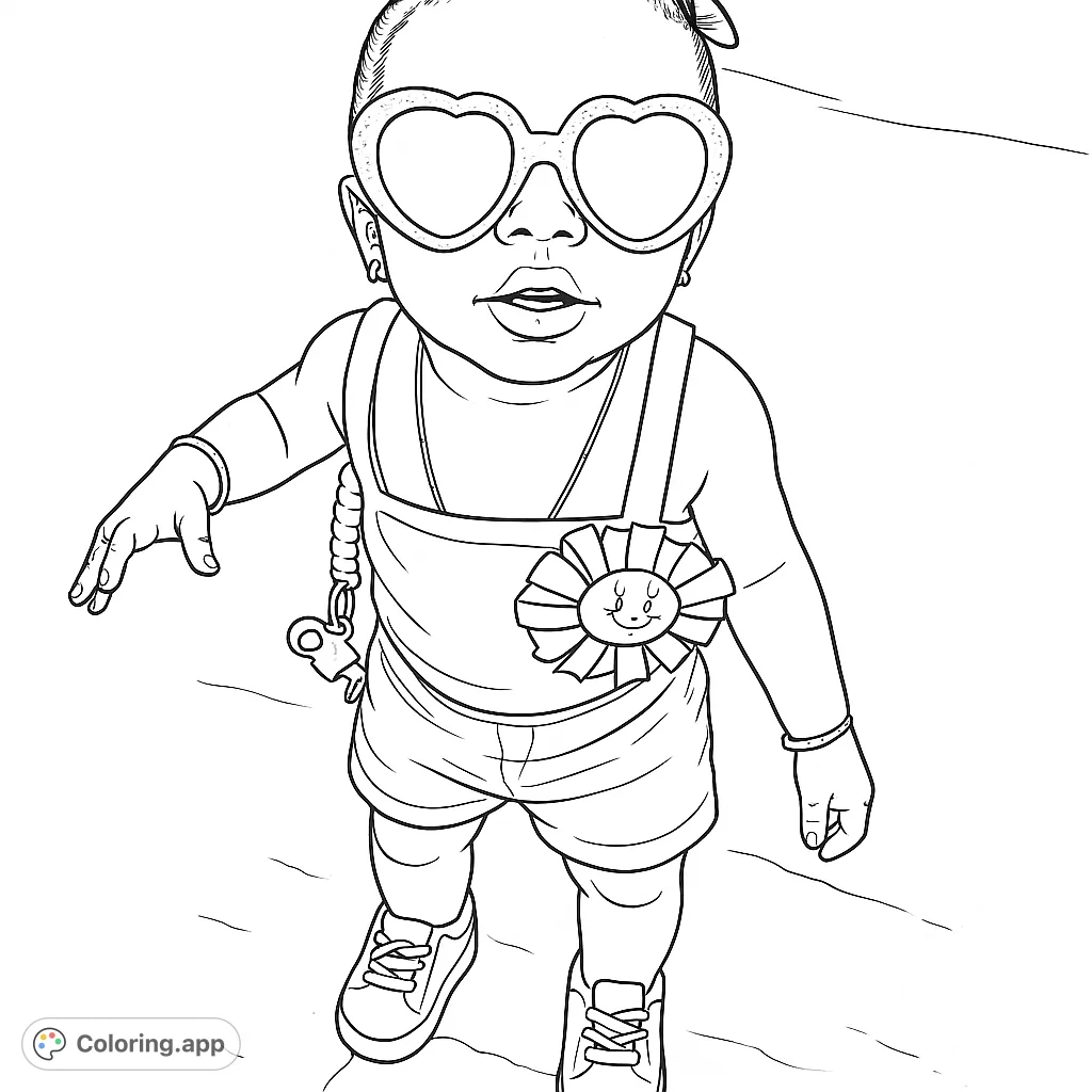 Adorable baby in heart sunglasses and a festive rosette, ready for a fun coloring adventure. Perfect for young artists!
