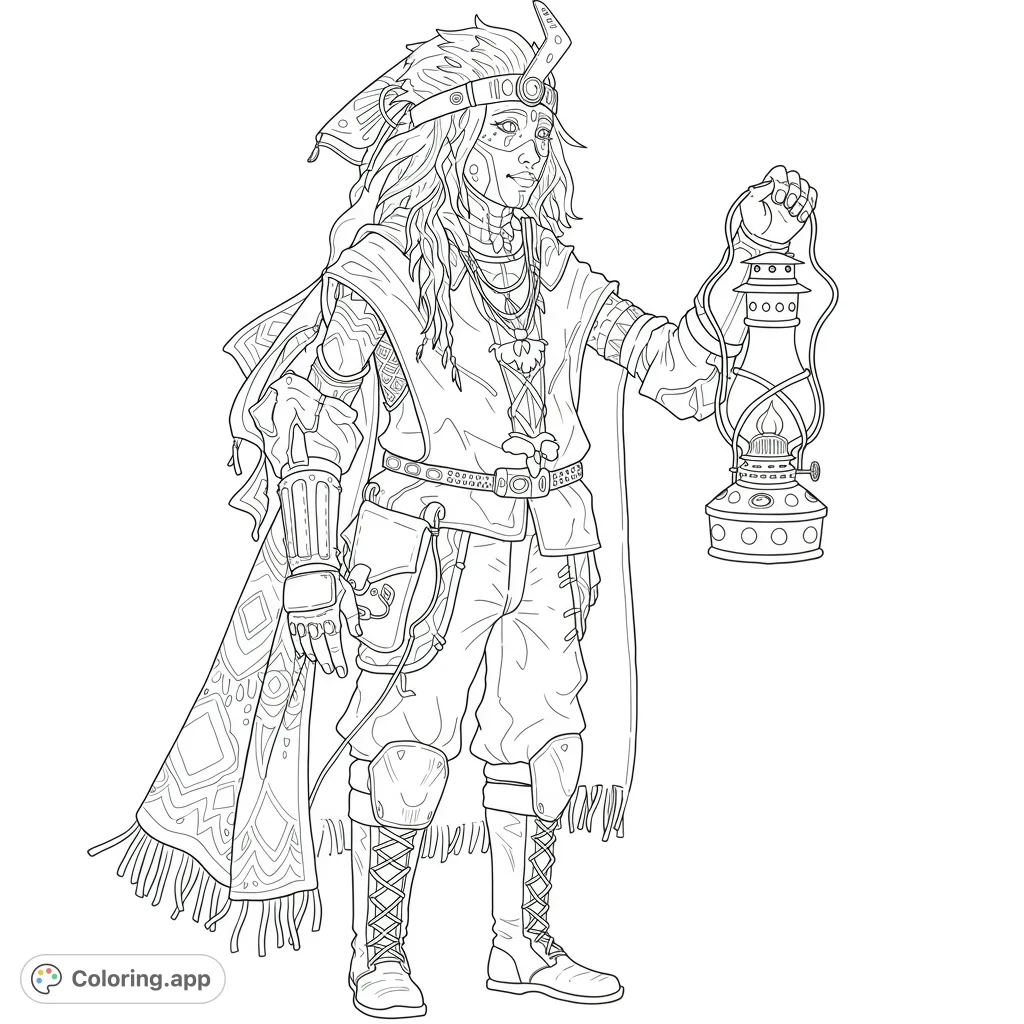 Explore a detailed steampunk adventurer with a glowing lantern. Perfect for fantasy and sci-fi fans, this free printable coloring page offers intricate details.