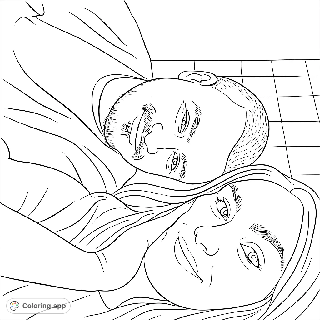 A heartwarming black and white line drawing of a smiling couple, perfect for personalizing with your favorite colors and celebrating connection.