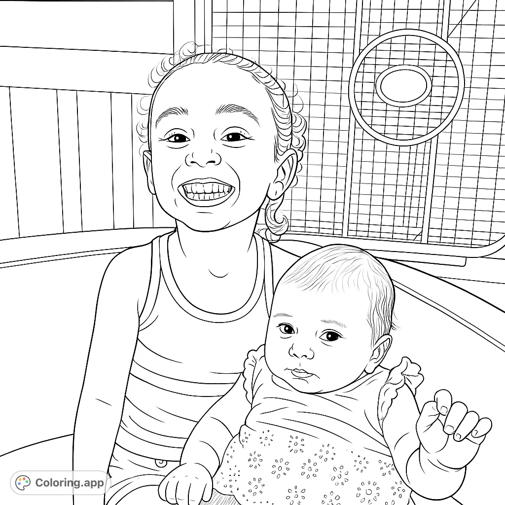 A heartwarming family coloring page featuring a smiling older sister embracing her baby sibling, set against a playful background. Perfect for all ages.