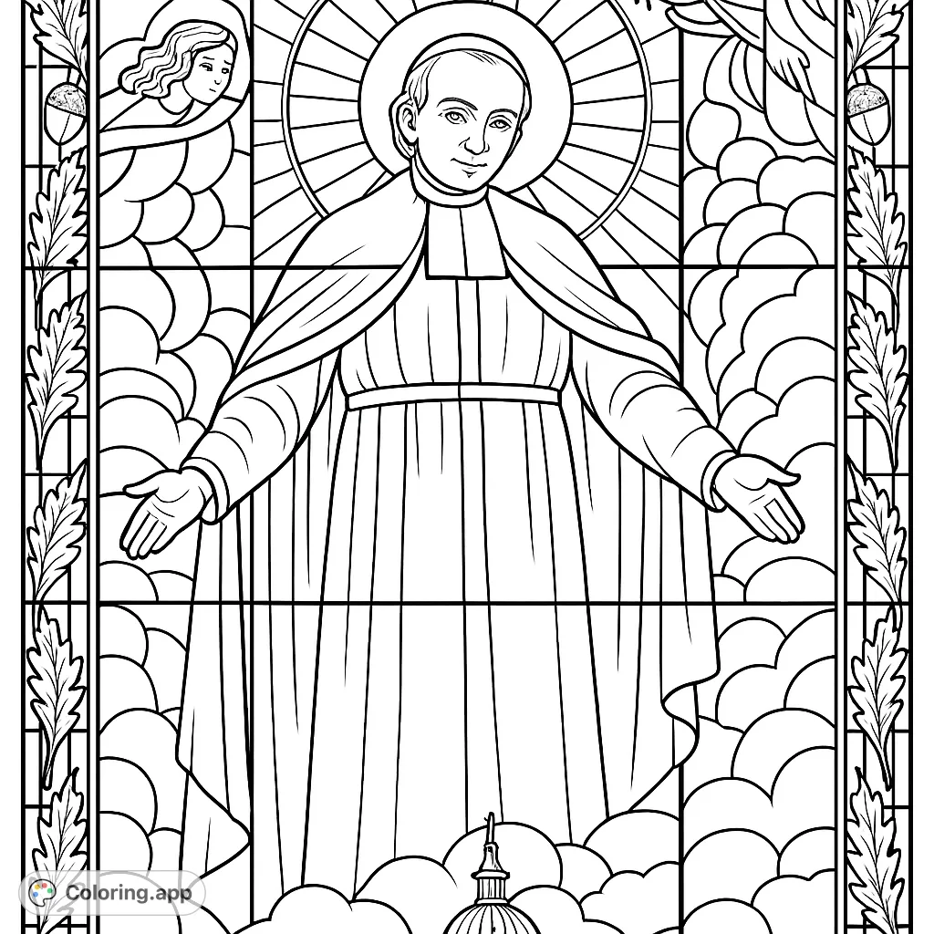 A serene saintly figure in a beautiful stained-glass window design, perfect for religious reflection and detailed coloring. Free printable coloring page for all ages.