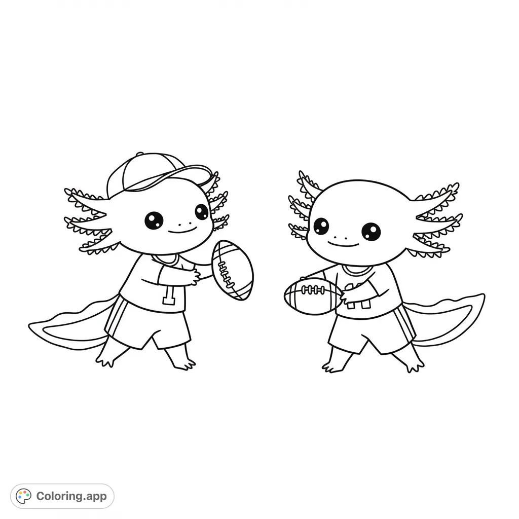 Two adorable axolotls in sports gear, ready to play football. A fun, free printable axolotl coloring page for kids and adults.
