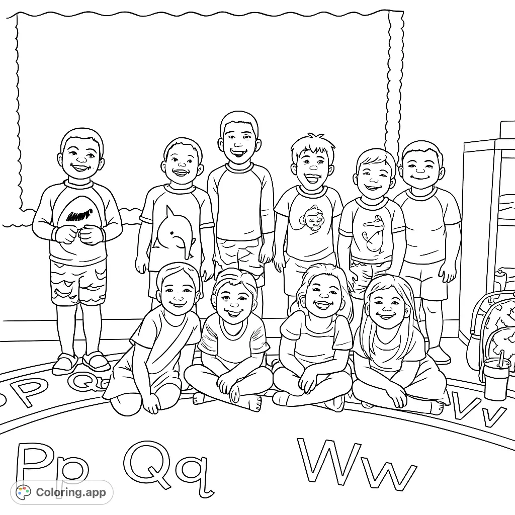 A joyful group of diverse children in a classroom, ready for a fun coloring adventure. Perfect for young learners and educational themes.