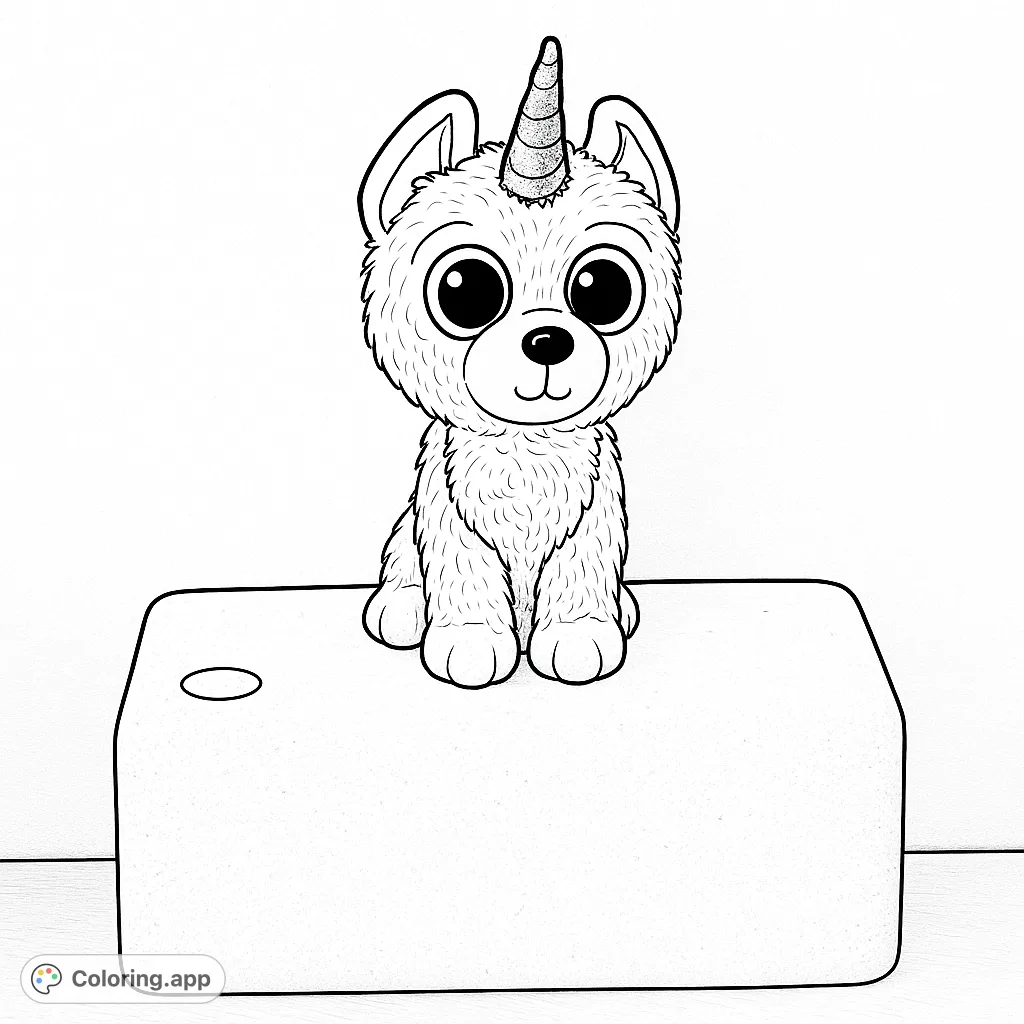 Adorable unicorn puppy coloring page, perfect for kids! Features a fluffy character with a magical horn sitting on a block. Free printable fun!