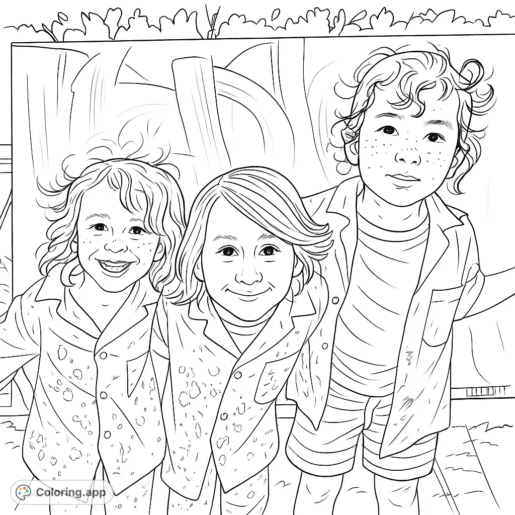 A delightful free printable kids coloring page featuring three smiling children with distinct hair and patterned clothes, set outdoors for creative fun.