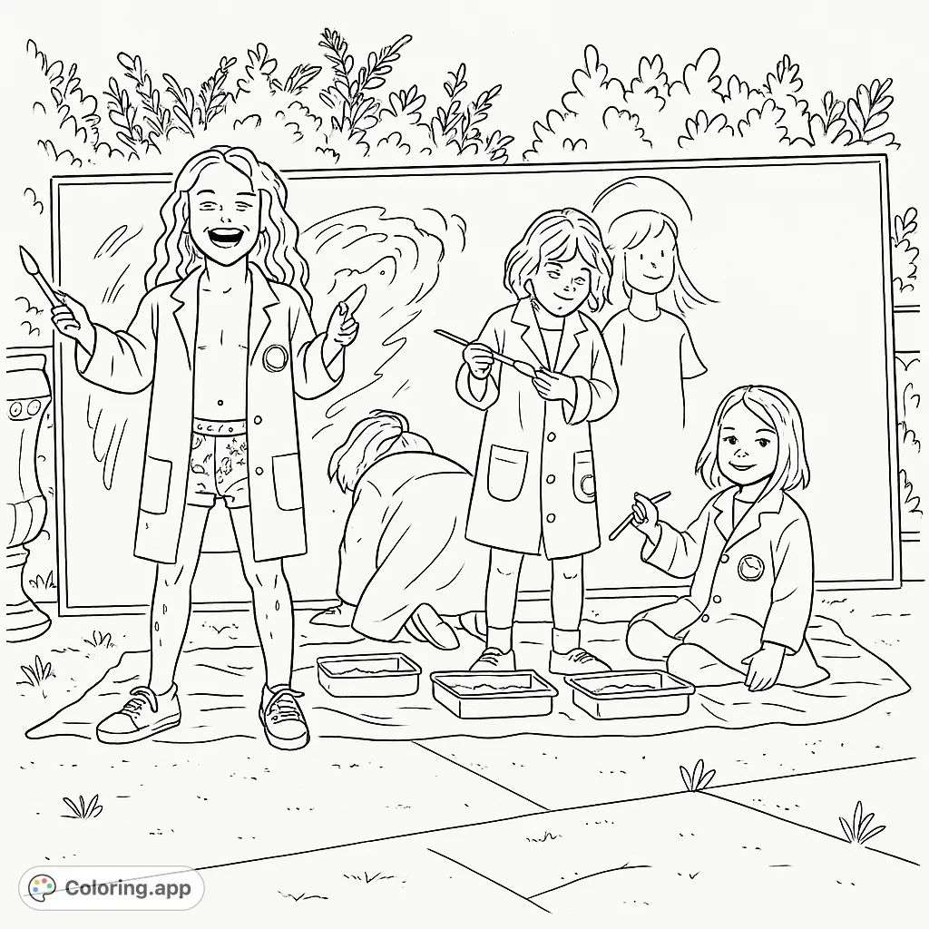 Four joyful kids in lab coats painting on a large canvas outdoors. A fun, creative art activity scene for coloring.